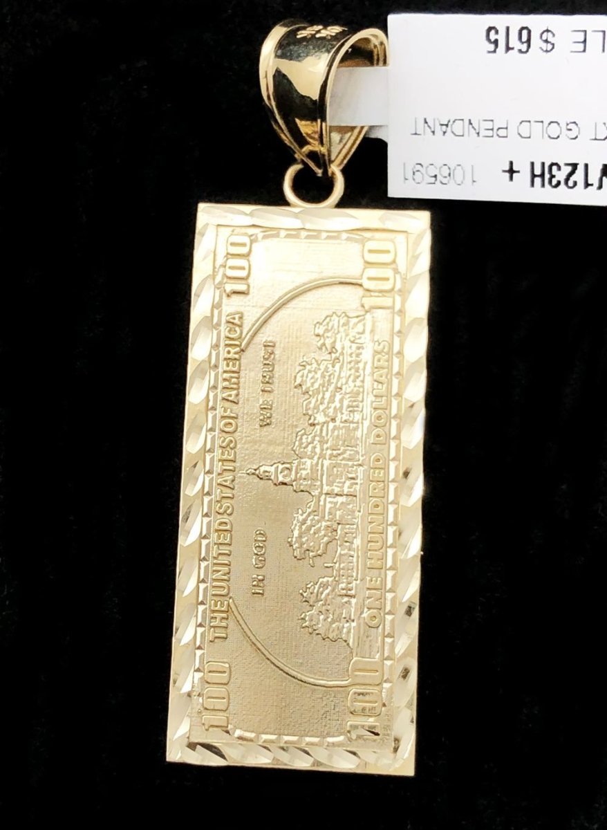 $100 Bill Vertical DC 10K Yellow Gold Pendant