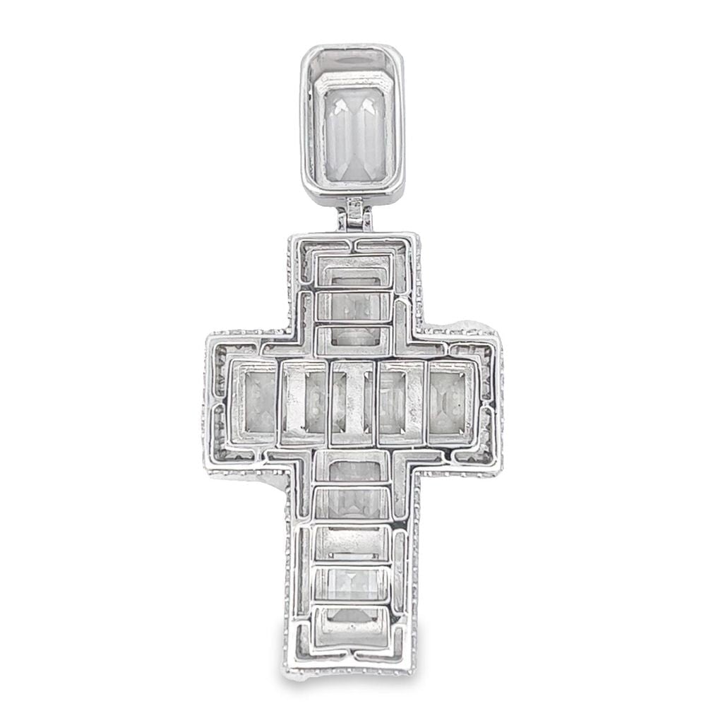 .925 Silver 3D Emerald Cut Thick CZ Iced Out Pendant