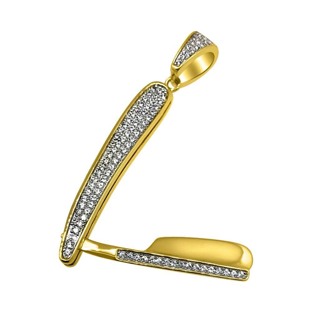 .925 Sterling Silver Barber Razor CZ Bling Bling Pendant