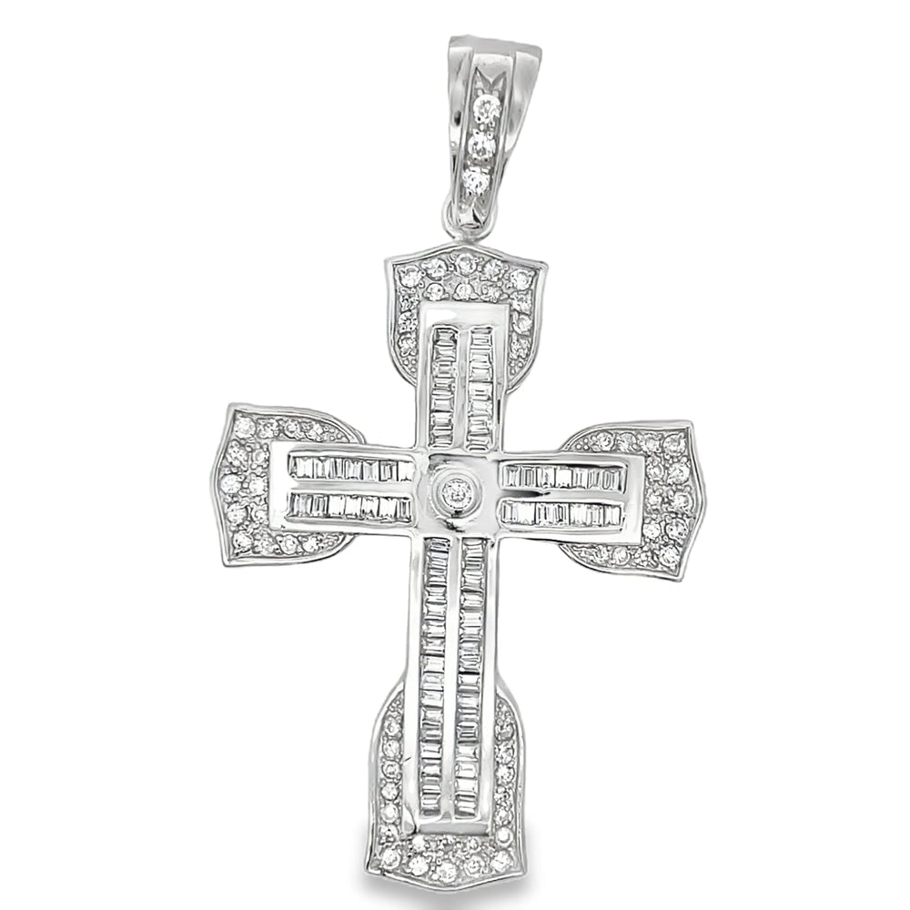 Double Baguette Cross CZ Iced Out Pendant .925 Sterling Silver