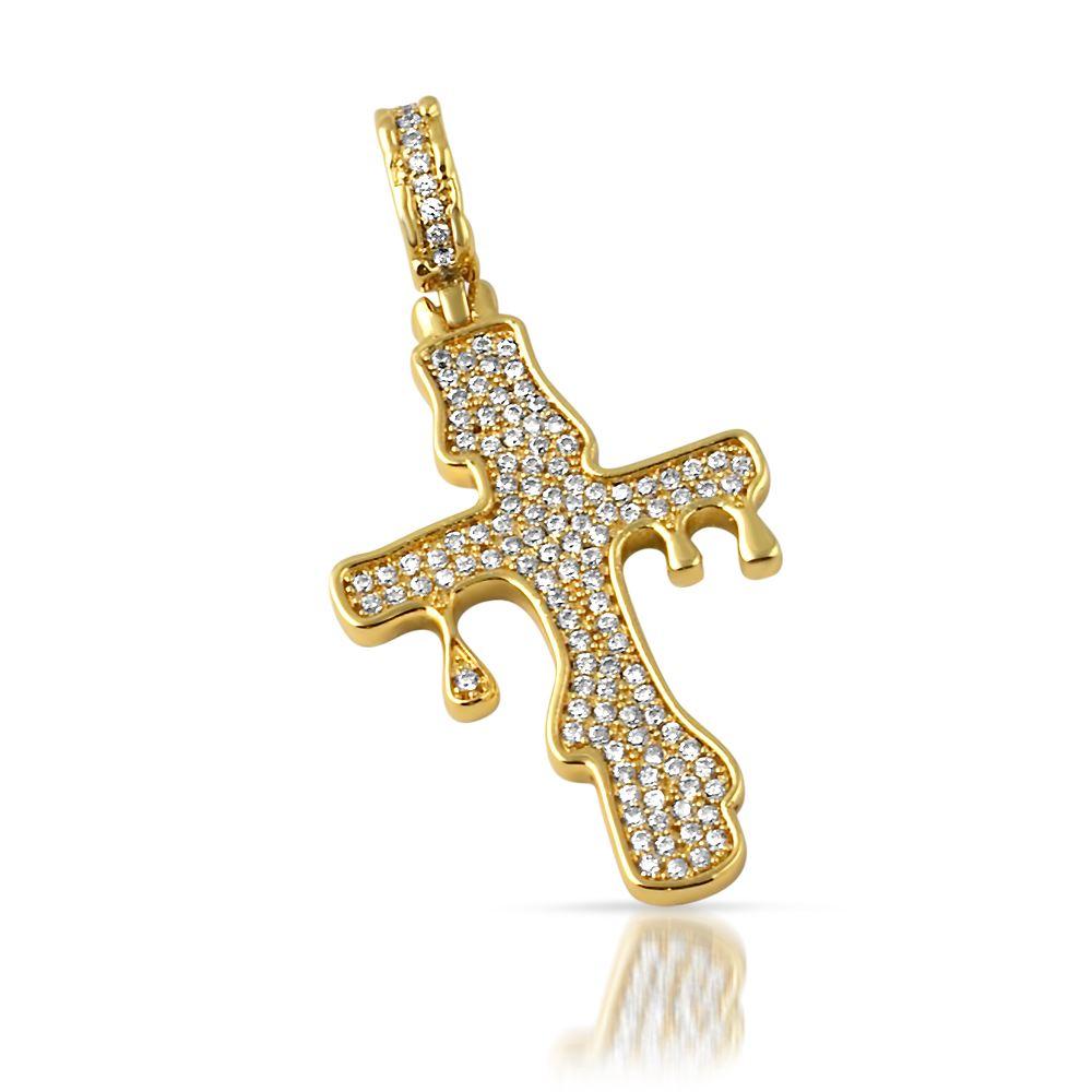 Drip Cross Gold CZ Bling Bling Pendant