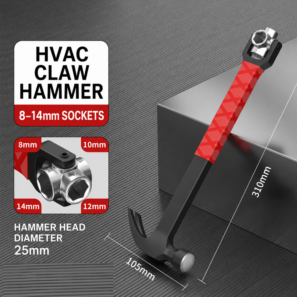 Multi-Functional Claw Hammer with Socket & Adjustable Wrench, One-Piece Forged All-in-One Hand Tool for HVAC Installation & Home Repair