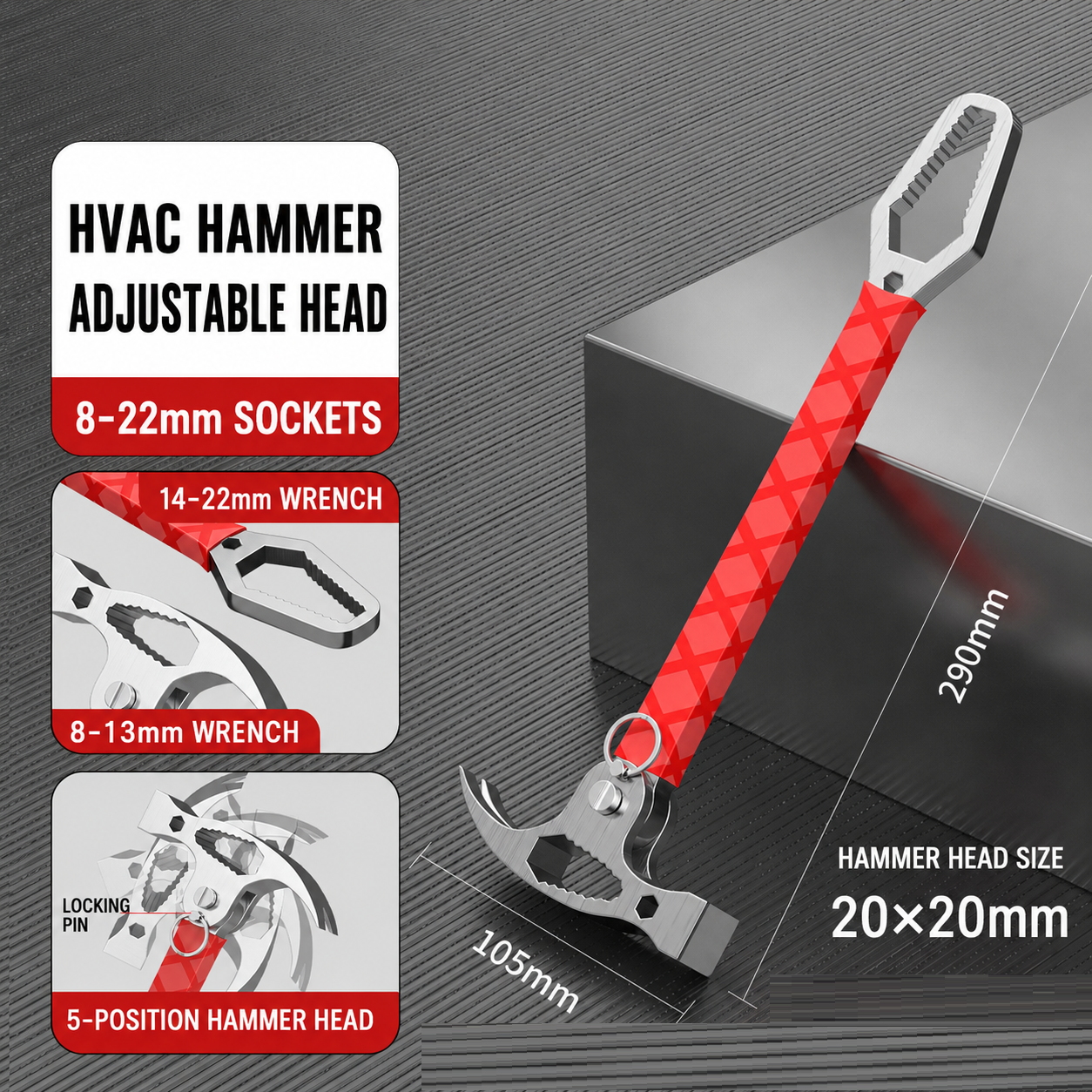 Multi-Functional Claw Hammer with Socket & Adjustable Wrench, One-Piece Forged All-in-One Hand Tool for HVAC Installation & Home Repair