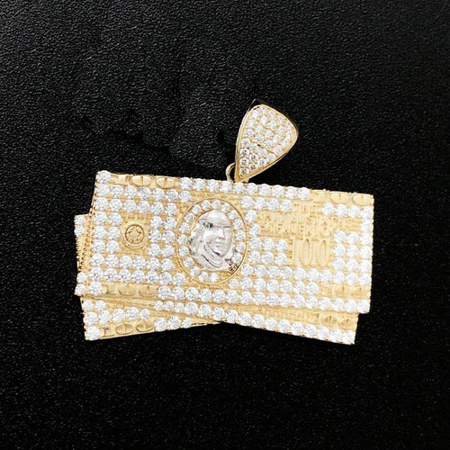 $100 Bill Stacks CZ 10K Yellow Gold Pendant