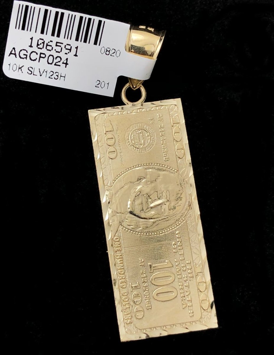 $100 Bill Vertical DC 10K Yellow Gold Pendant