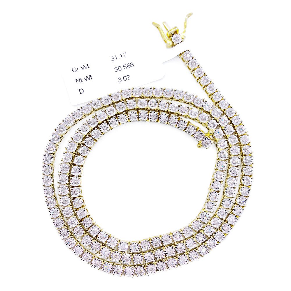 10K Yellow Gold Diamond Tennis Chain 3MM Miracle Setting