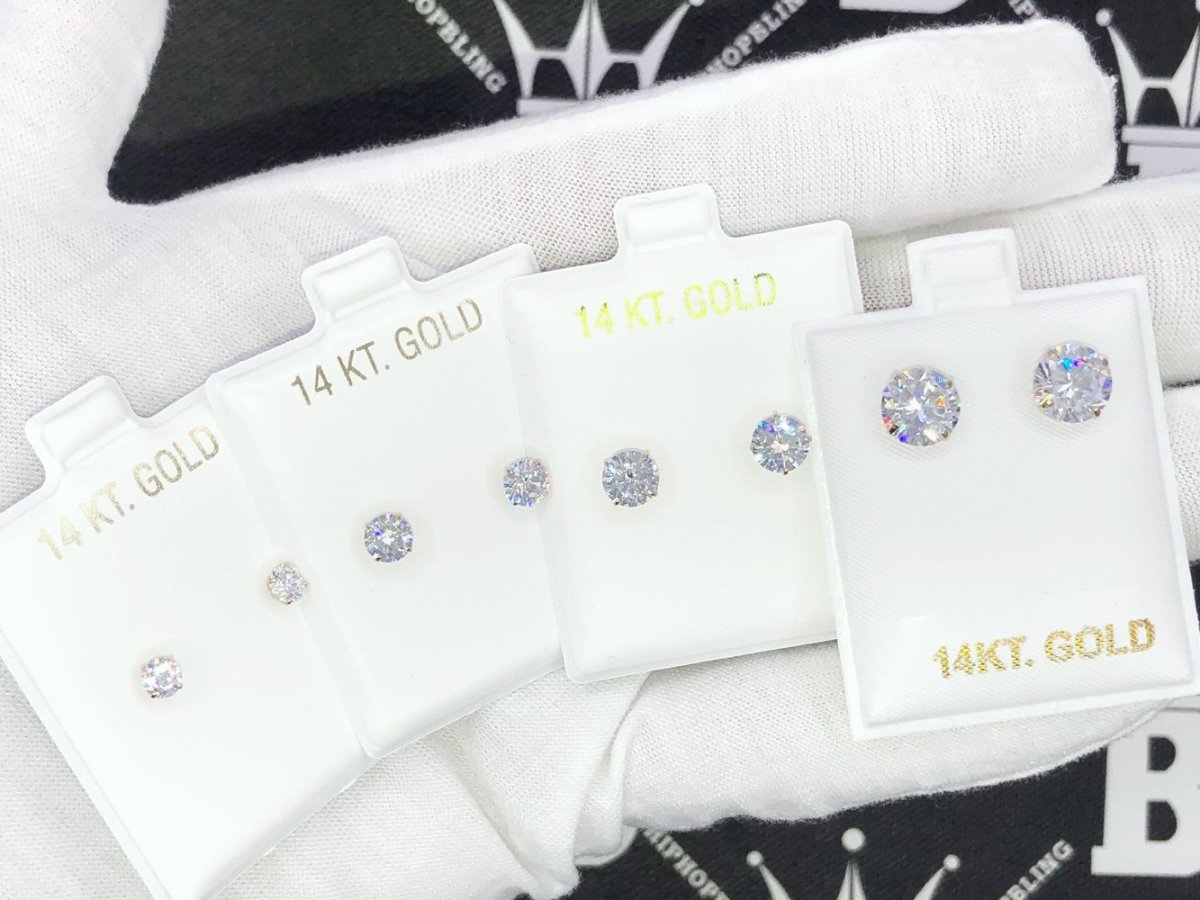 14K Gold Round CZ Stud Earrings Bling Bling