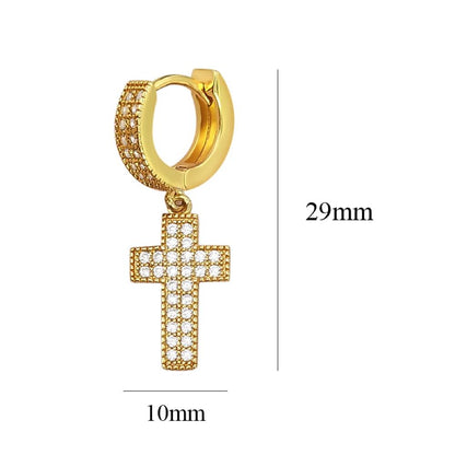 2 Row Tennis Cross Dangling Huggie Hoop CZ Iced Out Earrings .925 Silver