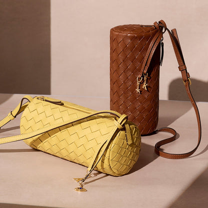 Woven Leather Barrel Bag (Butter Yellow)