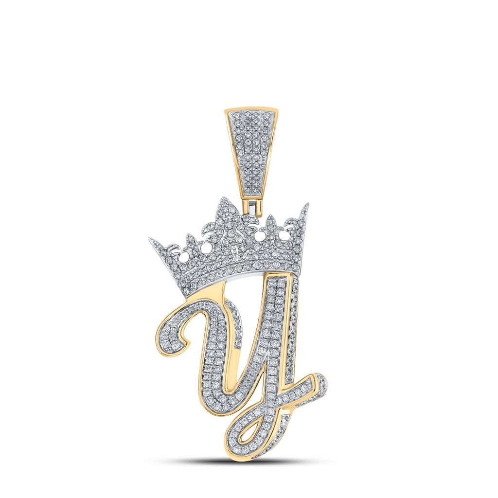 3D Crown A-Z Letter Initial Diamond Pendant 10K Yellow Gold