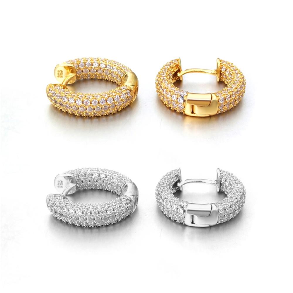 3D Full Micro Pave CZ Iced Out Huggie Hoop Earrings .925 Silver
