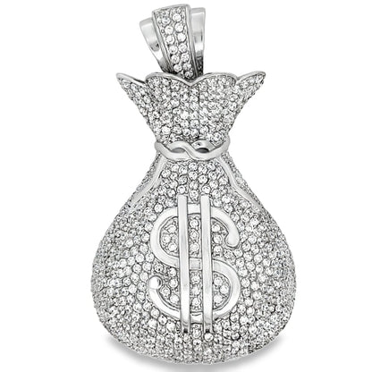 3D Money Bag CZ Iced Out Pendant Stainless Steel