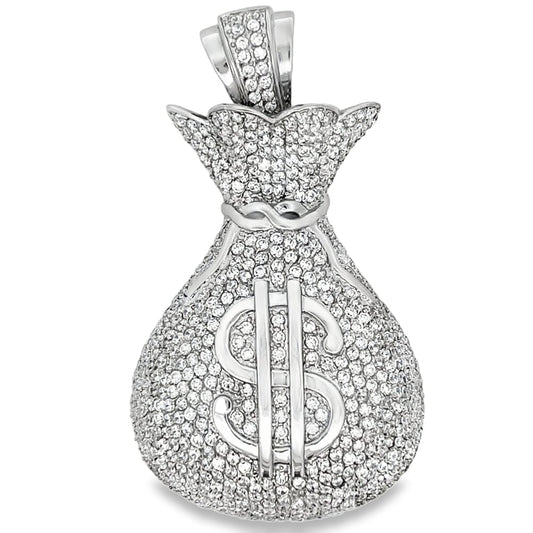 3D Money Bag CZ Iced Out Pendant Stainless Steel