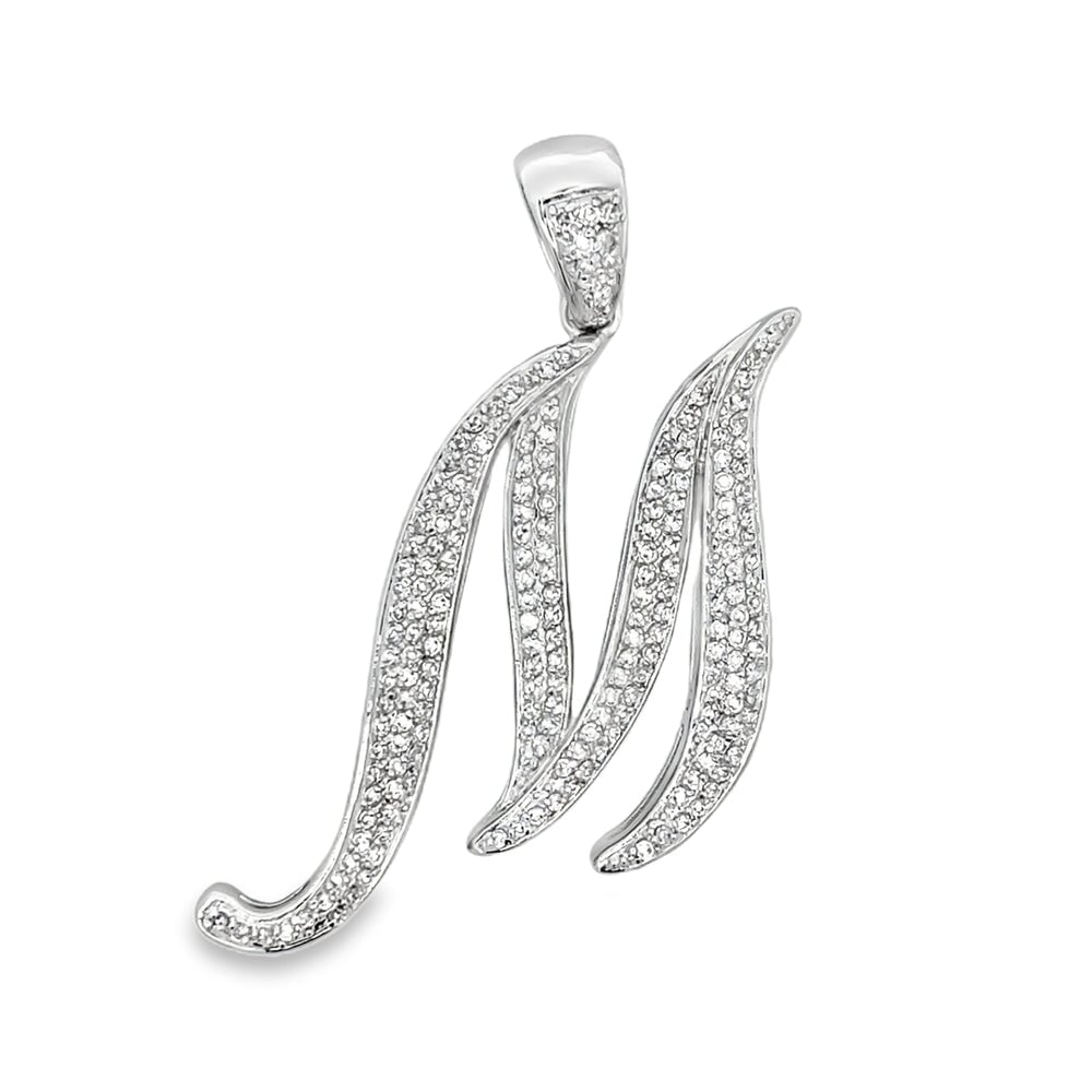 3D Script Initial Letter White CZ Iced Out Pendant