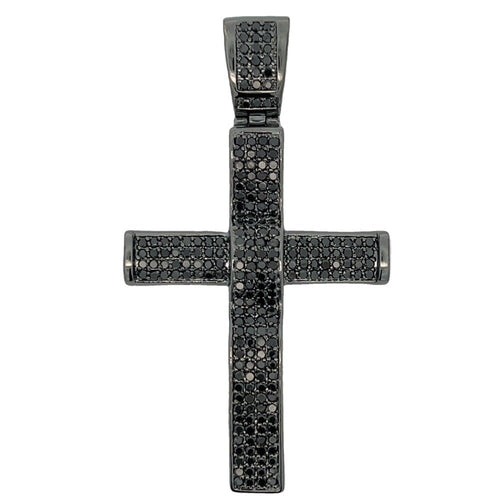4 Row Rounded Black Cross CZ Pendant .925 Sterling Silver