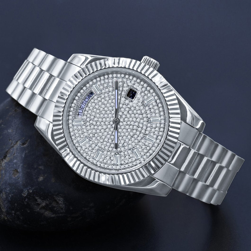 41MM CZ Pave Dial Baguette Hours Day Watch