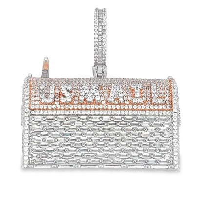 .925 Silver 3D US Mail Box Baguette CZ Iced Out Pendant