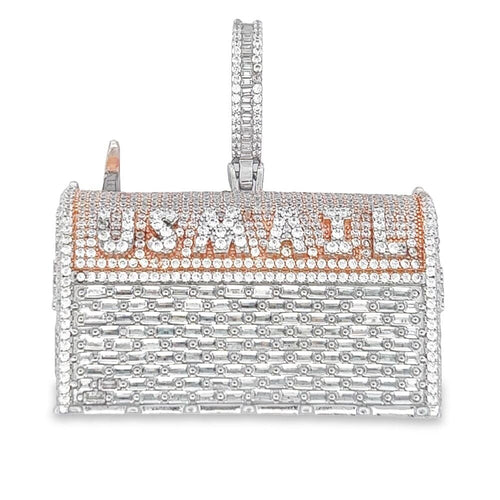 .925 Silver 3D US Mail Box Baguette CZ Iced Out Pendant