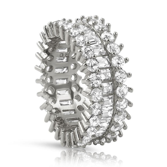.925 Silver Baguettes CZ Chunky Ice Eternity Bling Ring in Rhodium