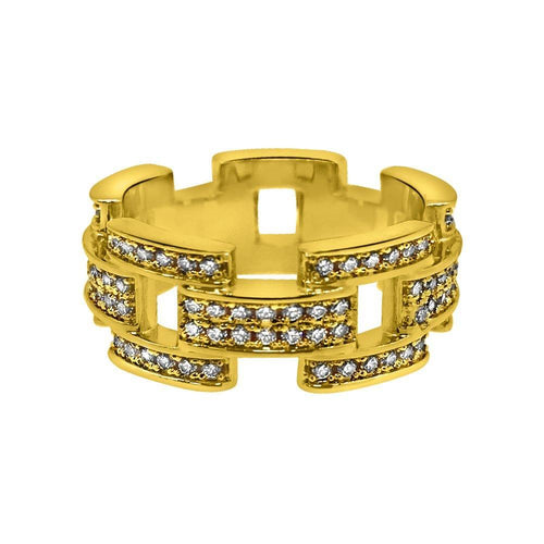 .925 Silver Prez Link Eternity Band Gold CZ Bling Ring