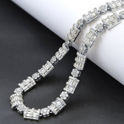 .925 Sterling Silver Cluster & Baguette Dome CZ Iced Out Chain