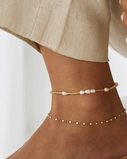 Poppy Pearl & Glass Beaded Anklet - Gold