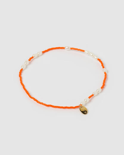 Poppy Pearl & Glass Beaded Anklet - Orange