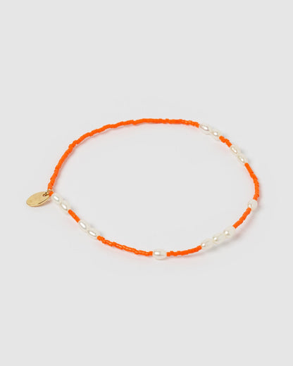 Poppy Pearl & Glass Beaded Anklet - Orange