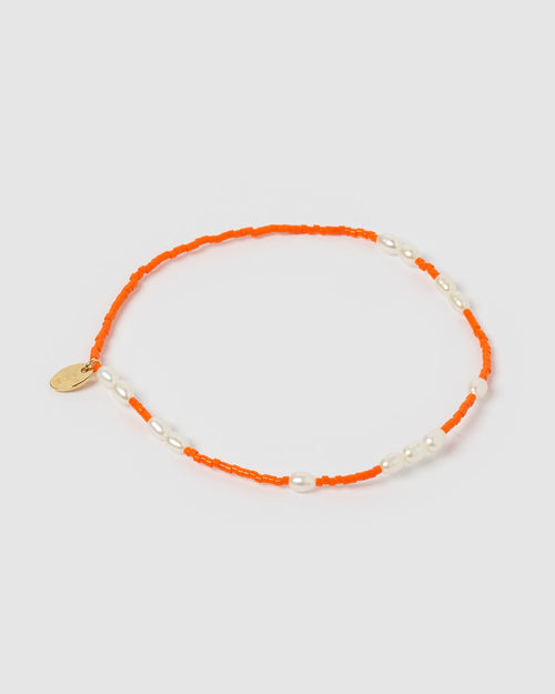 Poppy Pearl & Glass Beaded Anklet - Orange