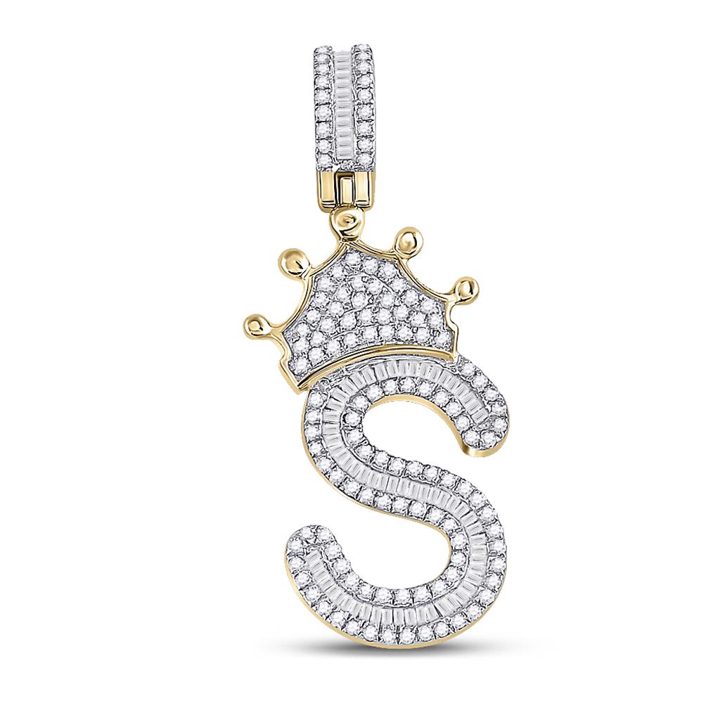 A-Z Crown Letter Initial Baguette Diamond Pendant 10K Yellow Gold