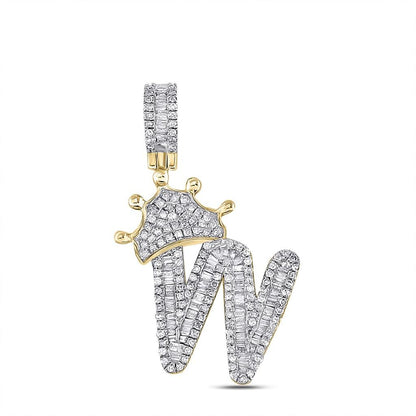 A-Z Crown Letter Initial Baguette Diamond Pendant 10K Yellow Gold