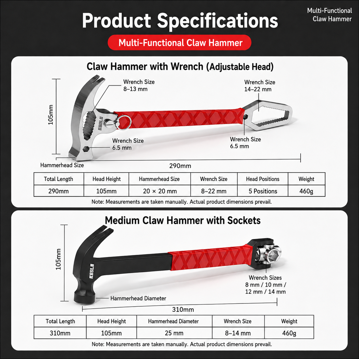 Multi-Functional Claw Hammer with Socket & Adjustable Wrench, One-Piece Forged All-in-One Hand Tool for HVAC Installation & Home Repair