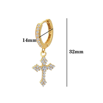 Antique Cross Dangling Huggie Hoop Iced Out Earrings .925 Silver