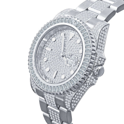 Baguette Bezel CZ Mid Link Date Hip Hop Watch
