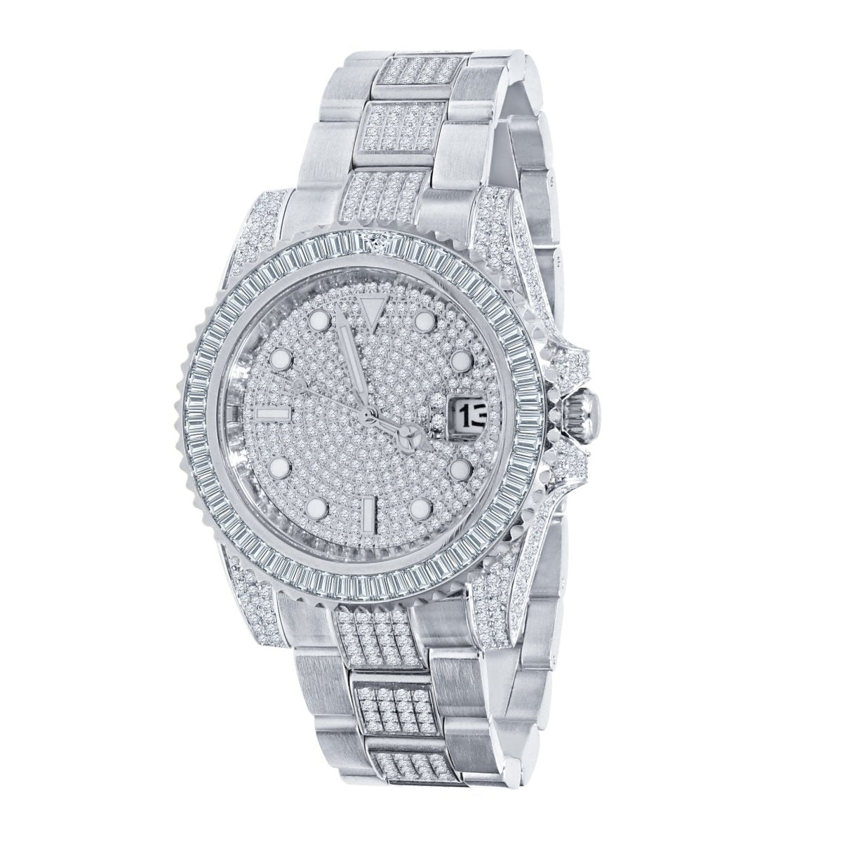 Baguette Bezel CZ Mid Link Date Hip Hop Watch