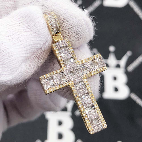 Baguette Block Cross Diamond Pendant 1.05cttw 10K Yellow Gold