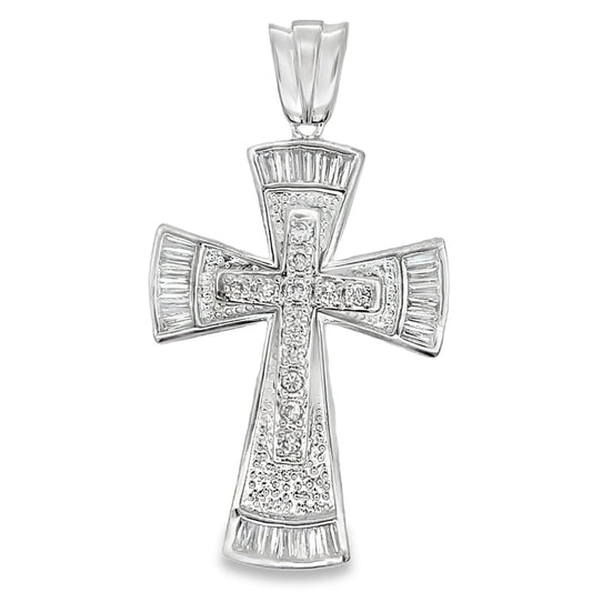 Baguette Fan Cross CZ Pendant .925 Sterling Silver