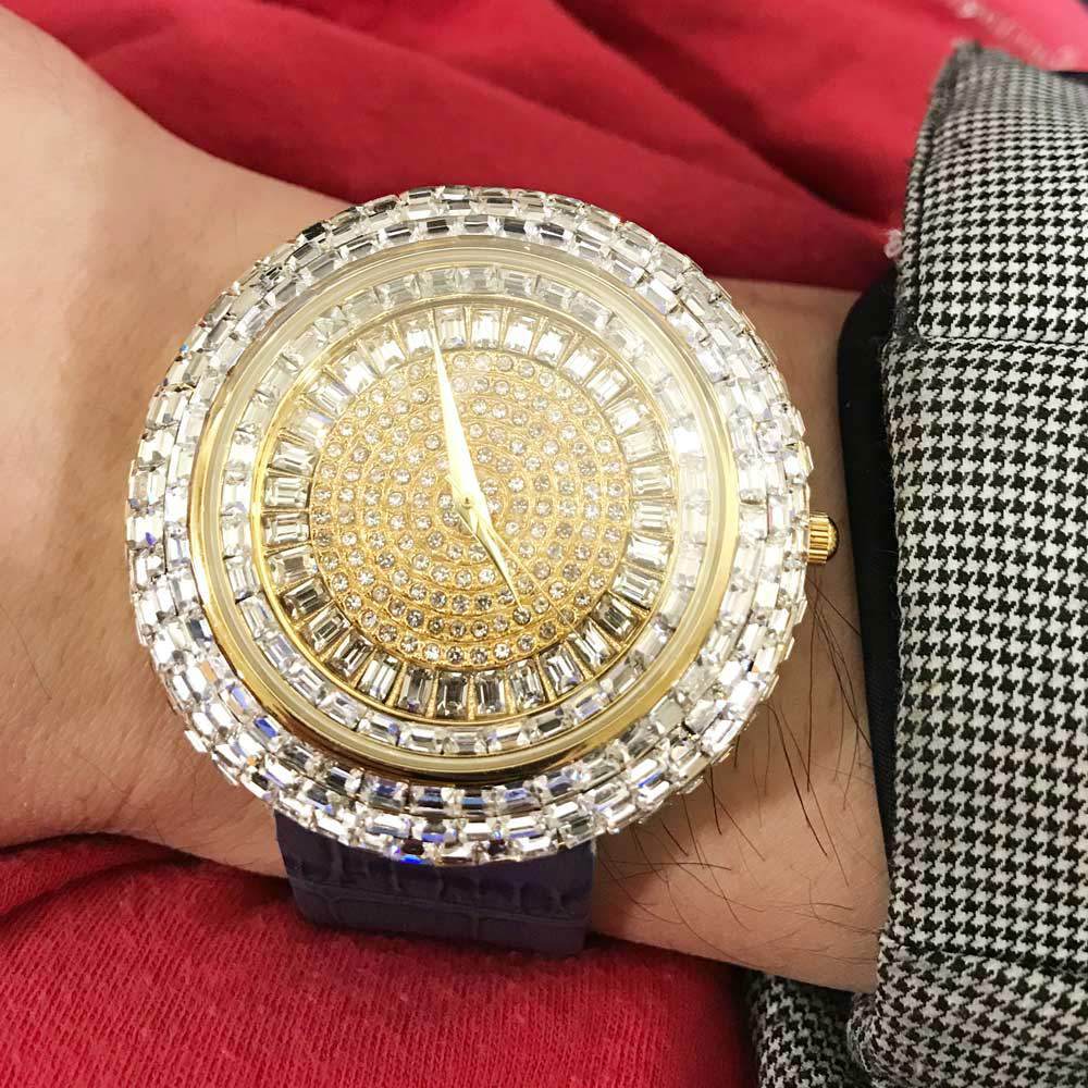 Baguette Ice Orbit Gold Bling Bling Watch Blue