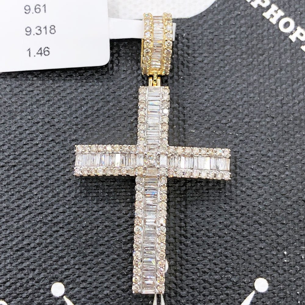Baguette Row Cross Diamond Pendant 1.46cttw 10K Yellow or White Gold