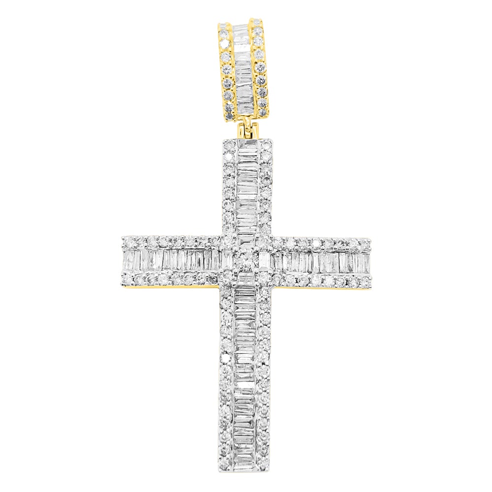 Baguette Row Cross Diamond Pendant 1.46cttw 10K Yellow or White Gold
