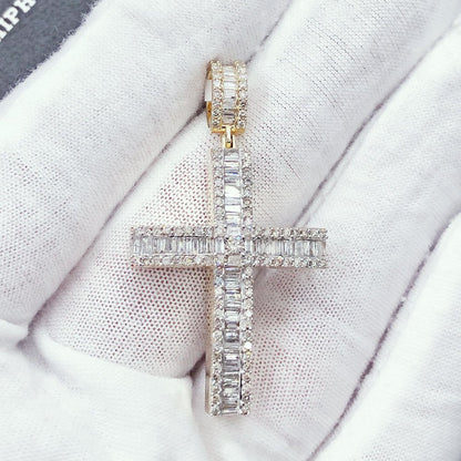 Baguette Row Cross Diamond Pendant 1.46cttw 10K Yellow or White Gold