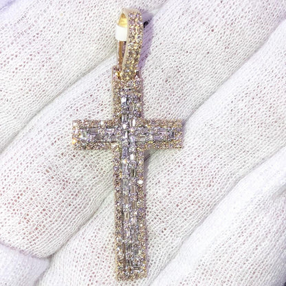 Baguette Tall Cross Diamond 1.19 Carat Pendant 10K Yellow Gold