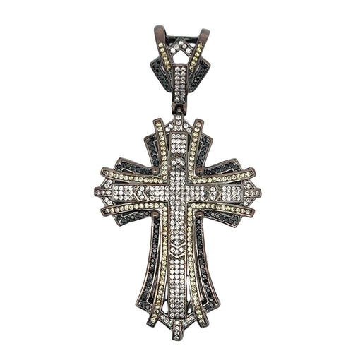 Black Baller Yellow Black & White CZ Cross Iced Out Pendant