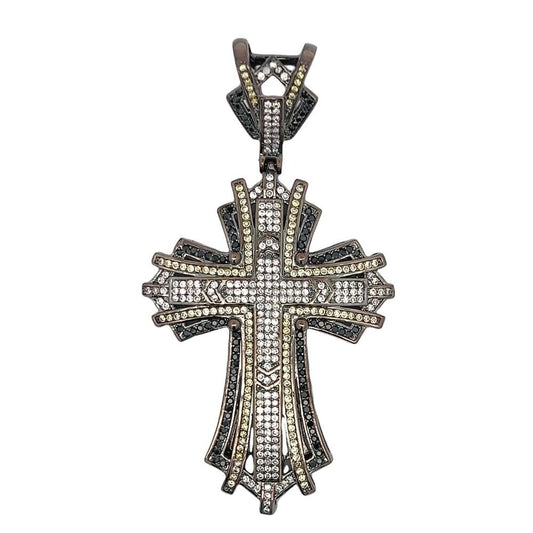 Black Baller Yellow Black & White CZ Cross Iced Out Pendant