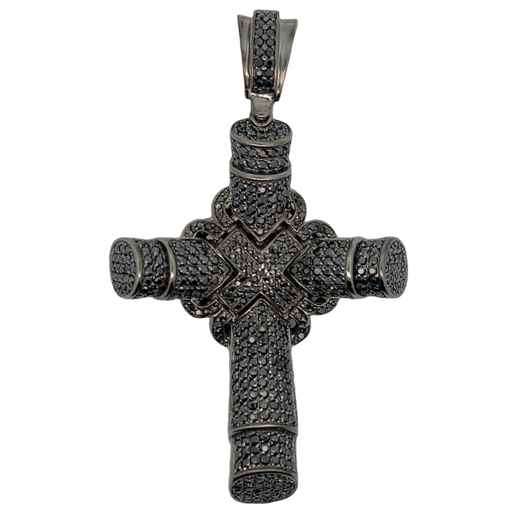 Black Cylinder X Cross CZ Iced Out Pendant .925 Sterling Silver