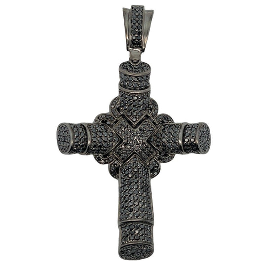 Black Cylinder X Cross CZ Iced Out Pendant .925 Sterling Silver