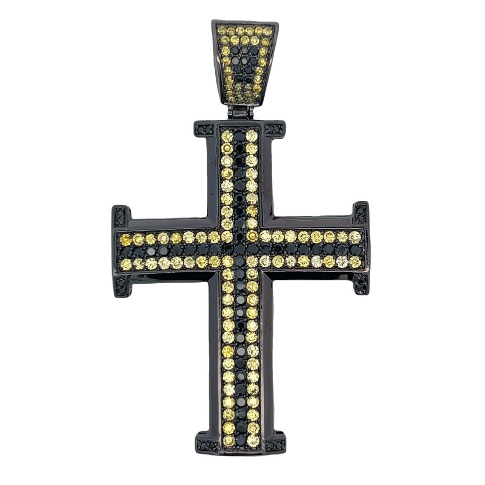 Black & Yellow CZ Black Cross Potent Iced Out Pendant