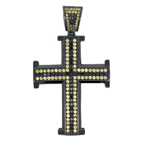 Black & Yellow CZ Black Cross Potent Iced Out Pendant