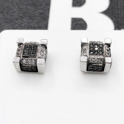 Black/White 3D Cube Diamond .29cttw Earrings .925 Sterling Silver