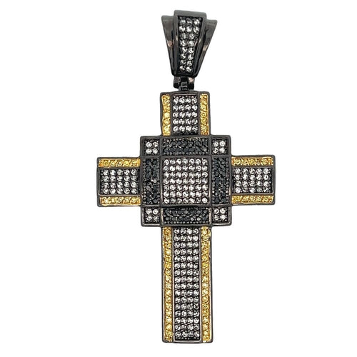 Boxy White Black & Yellow CZ Cross Iced Out Pendant